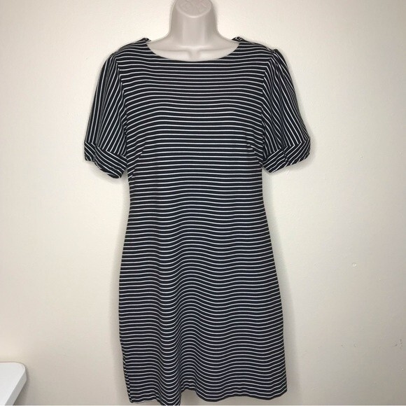 Ann Taylor Black White Striped Sheath Dress Short Puff Sleeve Womens Size 12 - Picture 11 of 11